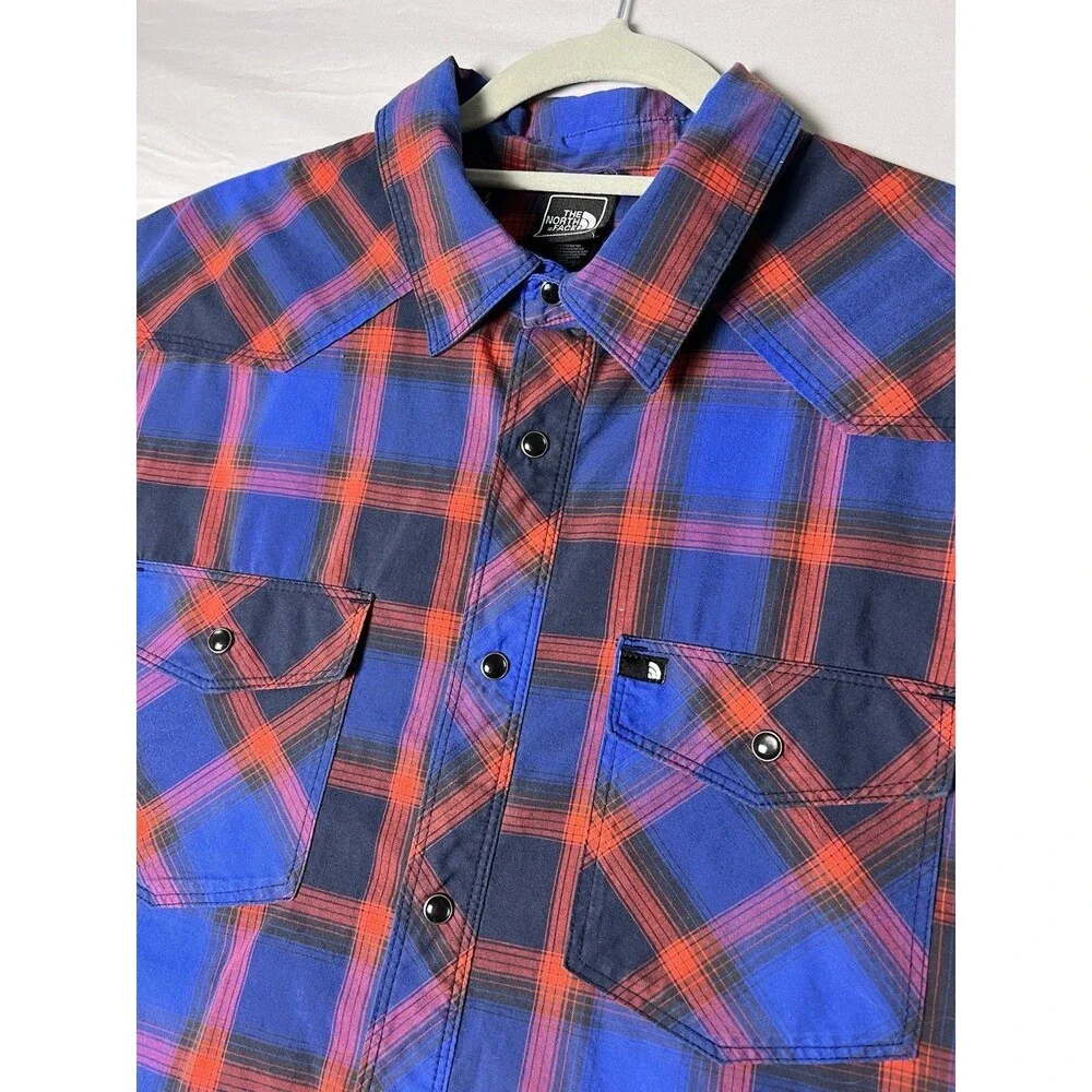 The North Face Button Down Shirt Mens M Blue Red Plaid Short Sleeve Cotton Top